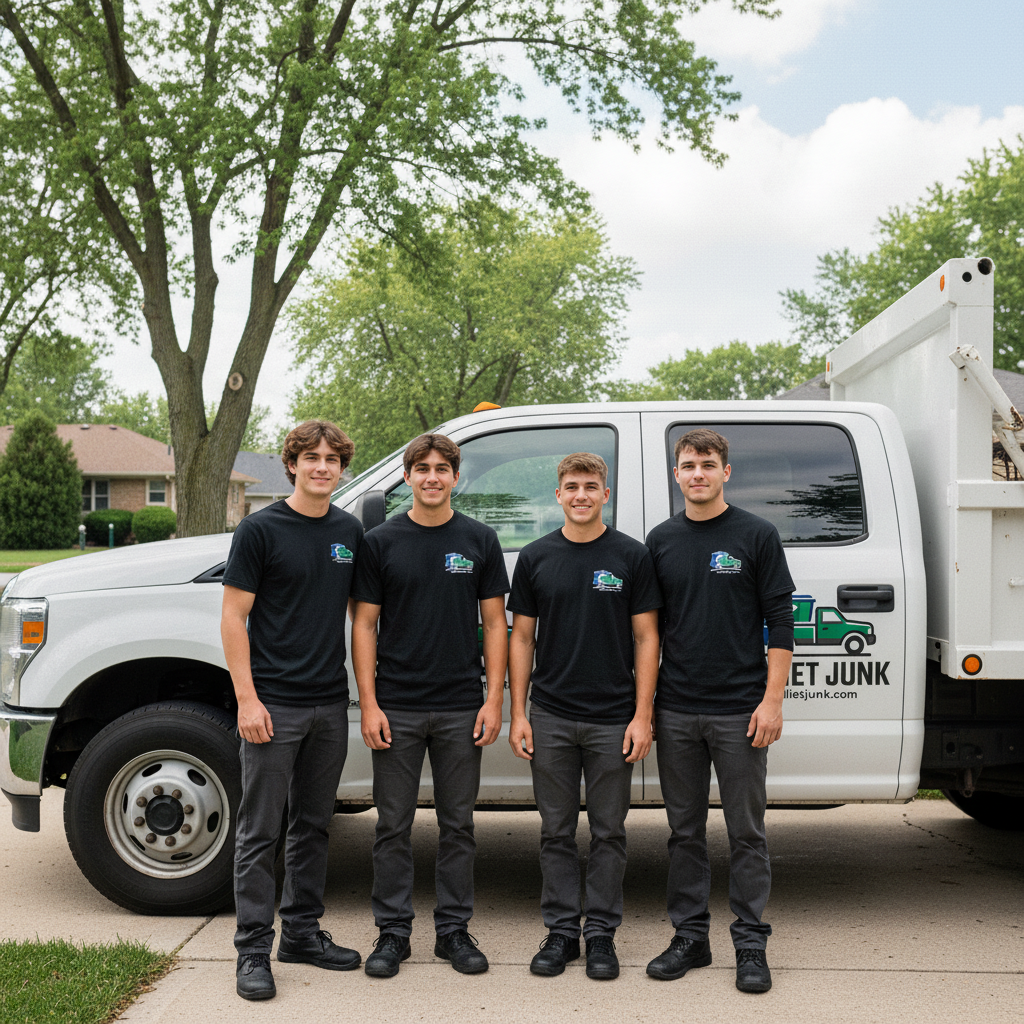 Joliet Junk team standing beside their work truck in a suburban neighborhood